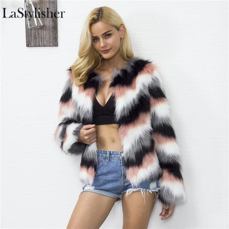 

Luxury Stripe Furry Women's Faux Fur Coat Winter Warm Plush Plus Size Female Jacket Woman Coverd Button Ladies Fake Fur Coat 3XL
