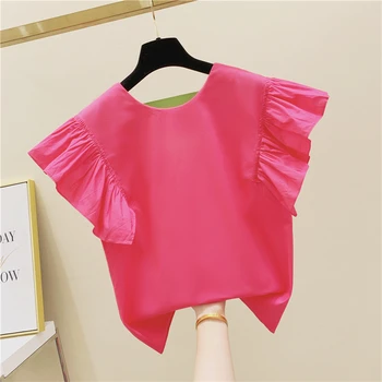 

Butterfly Sleeve Pure Cotton Short-sleeved T-shirt Women's Summer Wear Korean-style Loose-Fit Students Rose Pink T Shirt Tshirt