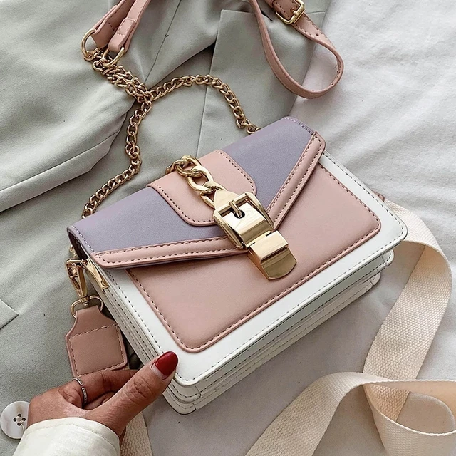 Fashion chain lady Sling bag Panelled color PU Leather Crossbody