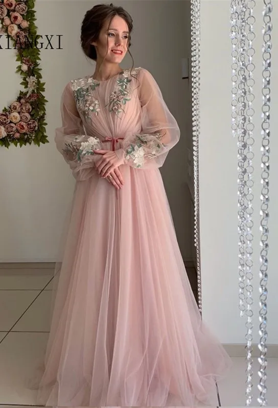 Очаровательные розовые вечерние платья из тюля А-силуэта с круглым вырезом и длинными рукавами с кружевной аппликацией, Длинные вечерние платья, официальное вечернее платье - Цвет: Same as image