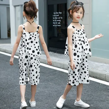 

2020 New Foreign Style Explosion Models Popular Girls Summer Sui Black White Dots Strapless Sleeves Tops Pants Two-piece Set