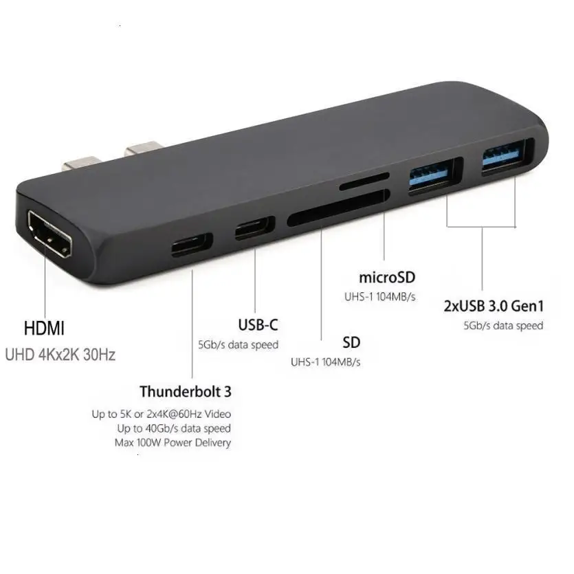 Концентратор USB type C адаптер Thunderbolt 3 7в1 двойной type-C док-станция с 4K HDMI USB 3,0 TF SD слот PD для MacBook Pro