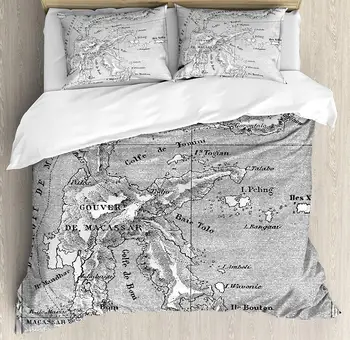 

Island Map Duvet Cover Set Vintage Style French Map Chart of Sulawesi Island Mediterranean Destination Decorative 3 Piece Bed