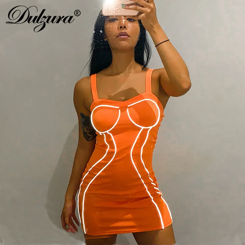 

Dulzura 2019 summer women dress patchwork reflective streetwear festival party dress sexy bodycon strap backless clothes