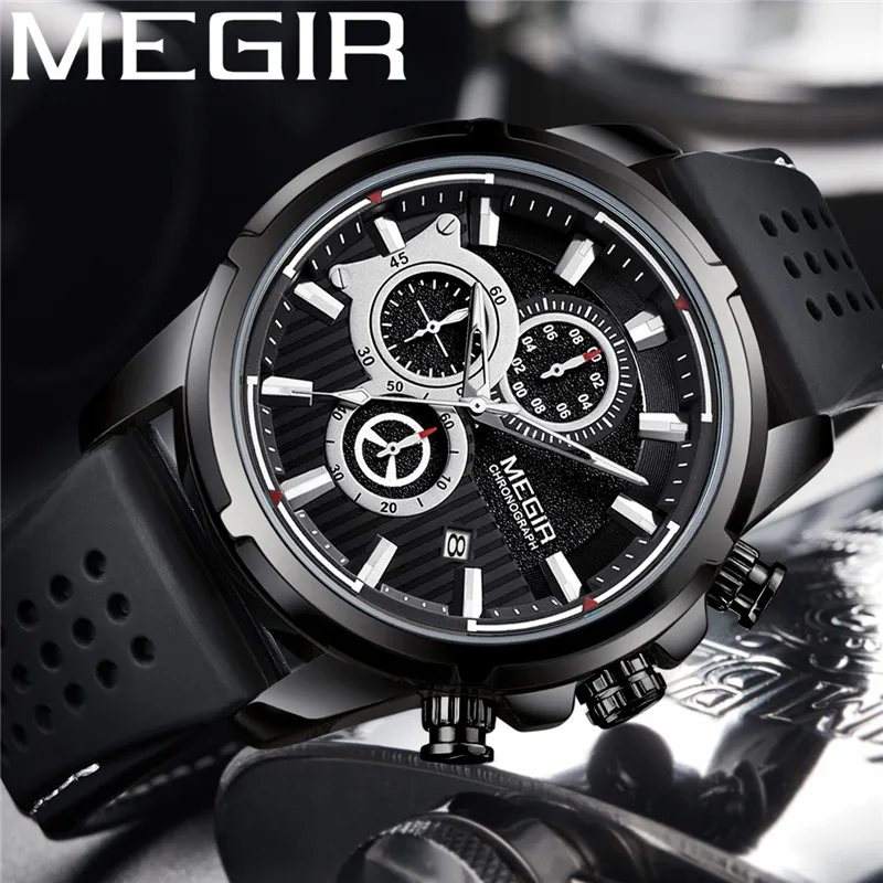

MEGIR Watch Men Waterproof Chronograph Military Army Male Clock Top Brand Luxury Black Rubber Business Man Sport Wristwatch 2101
