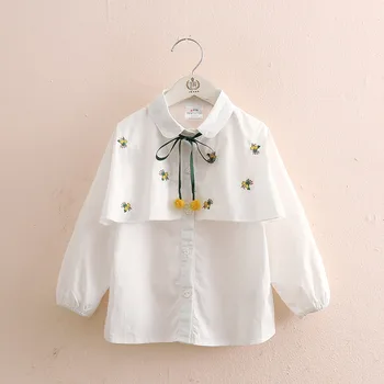 

2019 Spring Autumn 3 4-10 12 Years Teenager Cotton Peter Pan collar Long Sleeve Flower Print Kids Girls Bow White Blouses Shirts