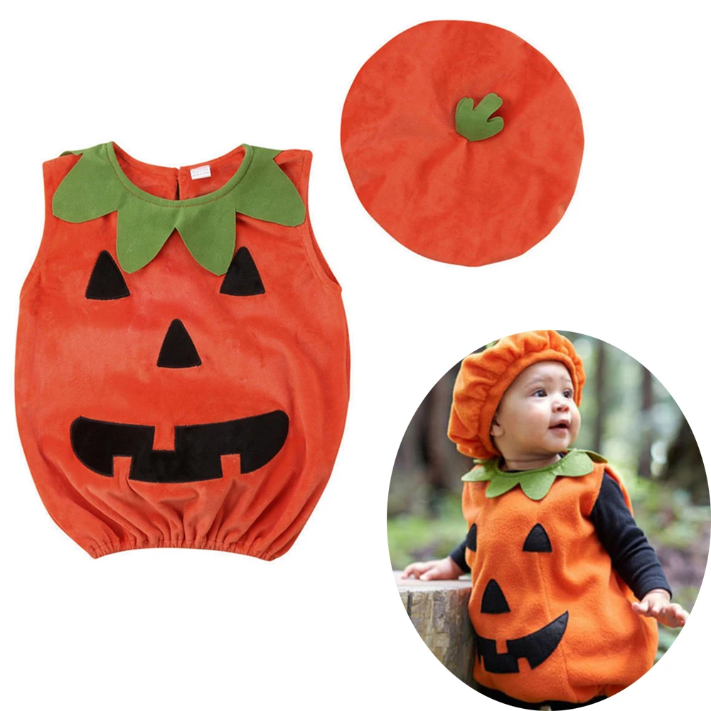 Funny Pumpkin Costume Set For Baby Lovery Unisex Boy Girl Fancy Dress+ Hat Halloween Party Cosplay Clothes Casual Outfits 3
