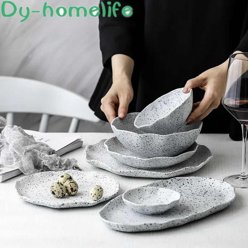 

Nordic Granite Ceramic Cutlery Set Creative Lotus Leaf Plate Hotel Dinner Plate Family Western Plate Salad Bowl Flavor Dish