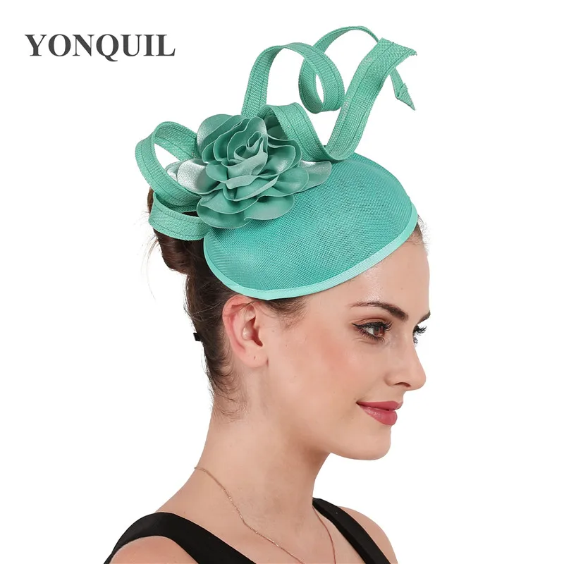 Изумрудно-зеленые чародейные шляпы для элегантной невесты Свадебный церковный коктейль шляпка с узкими полями красивый цветок аксессуары для волос повязки на голову