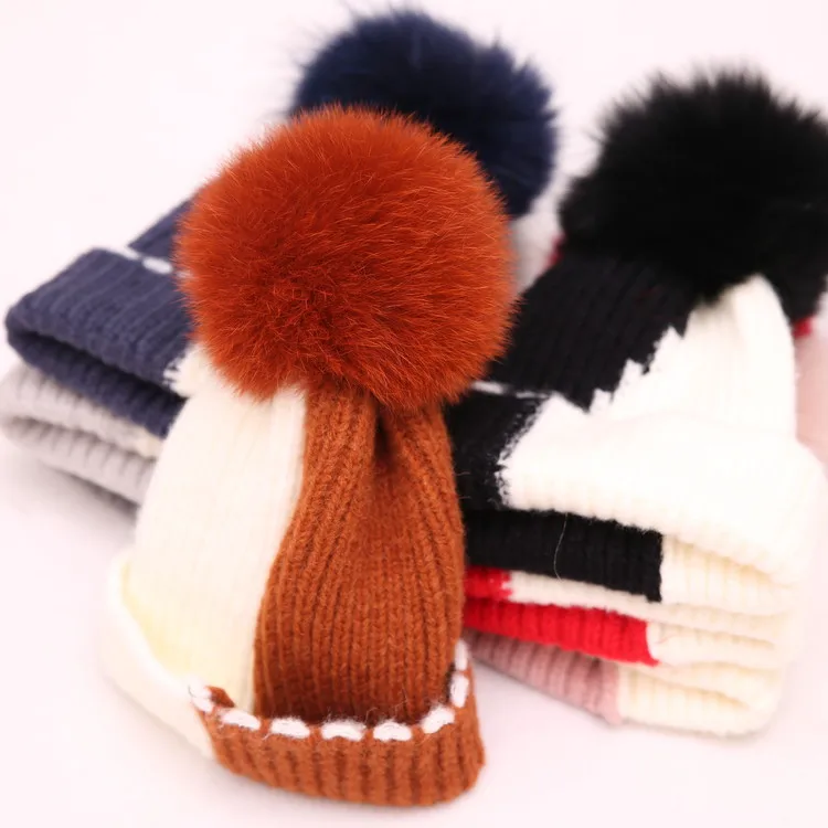 

New Patchwork Women Winter Removable Fox Fur Pom pom Knitted Skullies Beanies Caps Fluffy Curled Fur Hats
