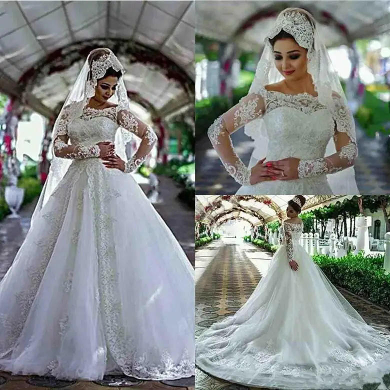 

Arabic Garden Lace A-line Wedding Dresses Off Shoulders Sheer Long Sleeves Vestios De Novia Dubai Elegant Bridal