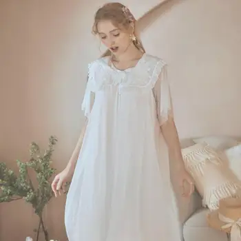 

Summer New Retro Sleepwear Princess Style Home Service Thin Round Neck Lace Short Sleeve Solid Color Long Casual Nightdress