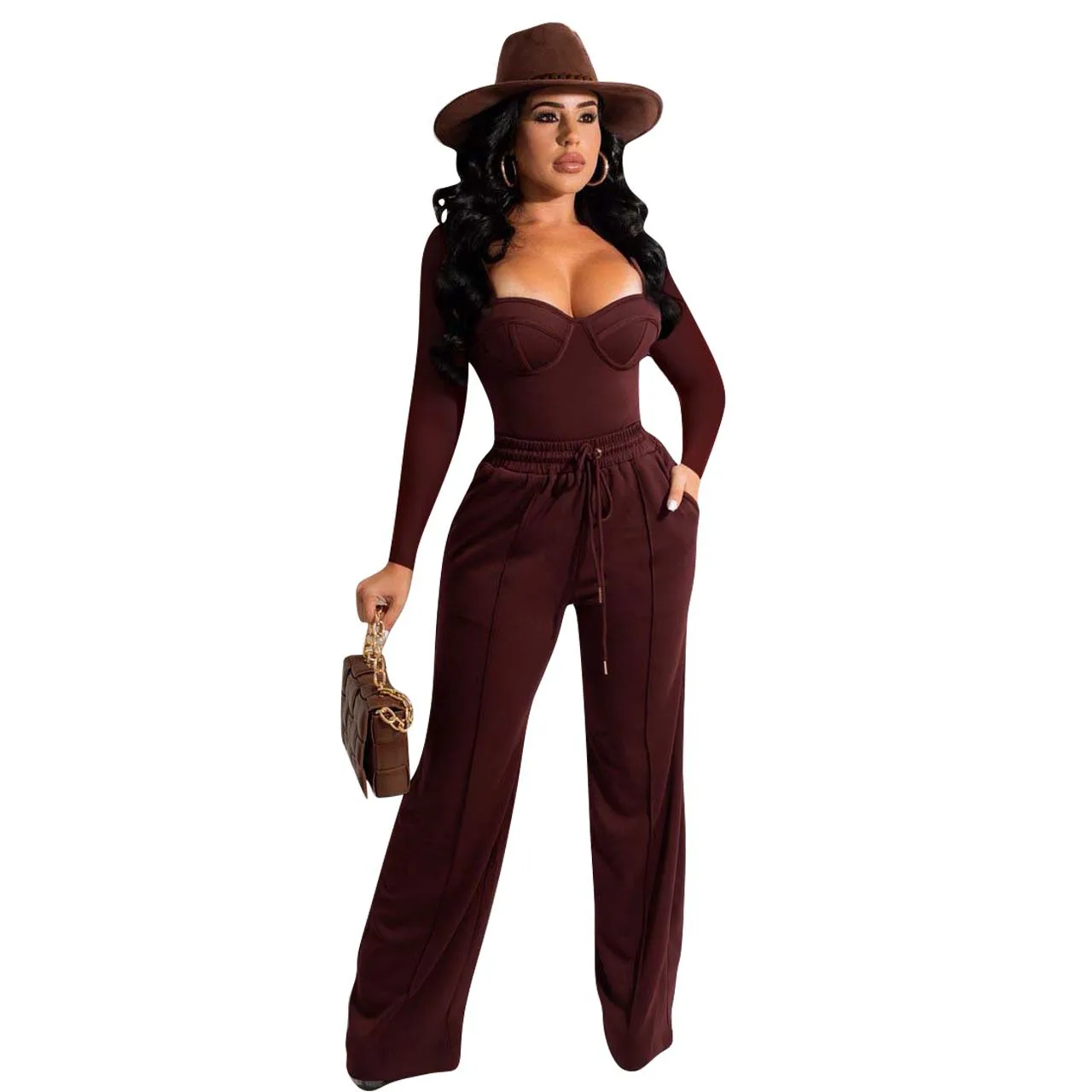 Sexy Strapless 2 Pieces Wide Leg Pants Sets Autumn Long Sleeve Top and Drawstring Logn Pants Casual Solid Tracksuit 2021 Outfits women's bra Tanks & Camis