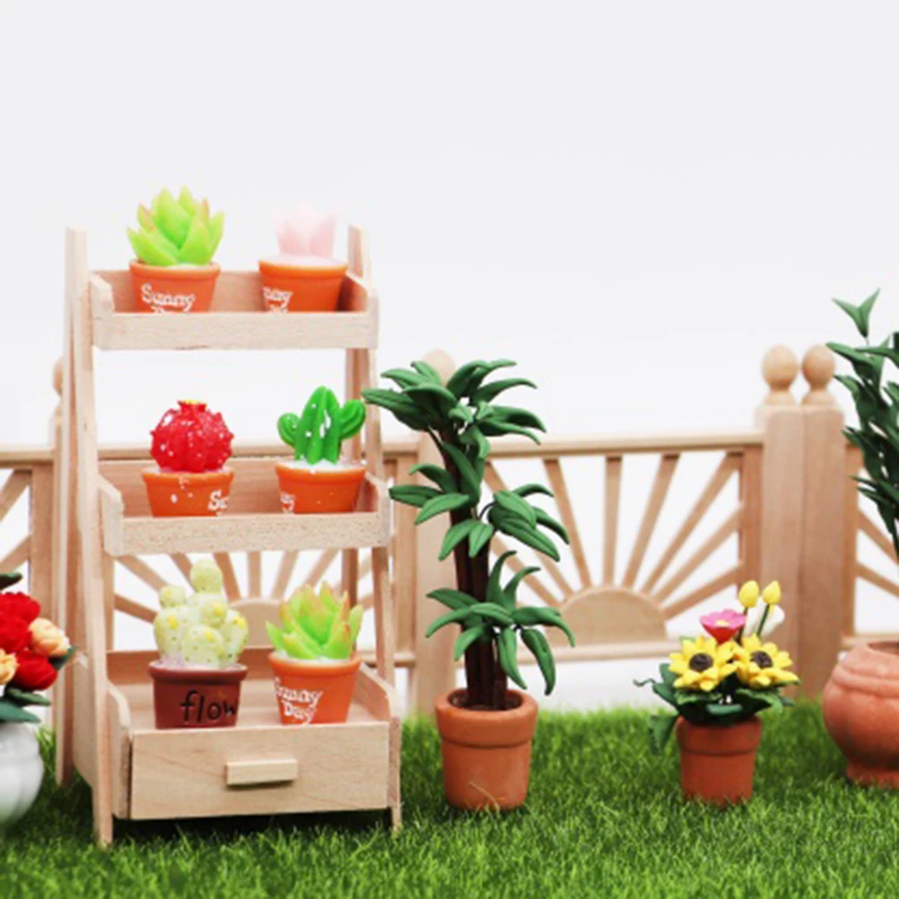 

Mini Dollhouse Simulation Flower Shelf Model Fairy Garden Ornament Landscape DIY Wood Crafts Miniature For Kids Toys Gift