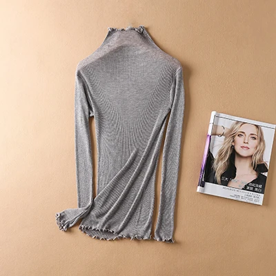 Sweater Women pullovers 80% Natural Silk 20% Cotton turtleneck Rib knits shirt long sleeved sweater Fall winter tops jumper - Цвет: Light  Medium gray