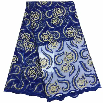 

Blue Gold African Beaded Lace Fabric Embroidered Nigerian Laces Fabric High Quality French Tulle Lace Fabric For Women 5 Yards