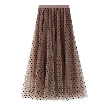 

Womens Vintage Polka Dot Tulle Skirt 2020 Summer Stretch High Waist Mid-calf Pleated Maxi Skirts Retro Style Runway Swing Skirt