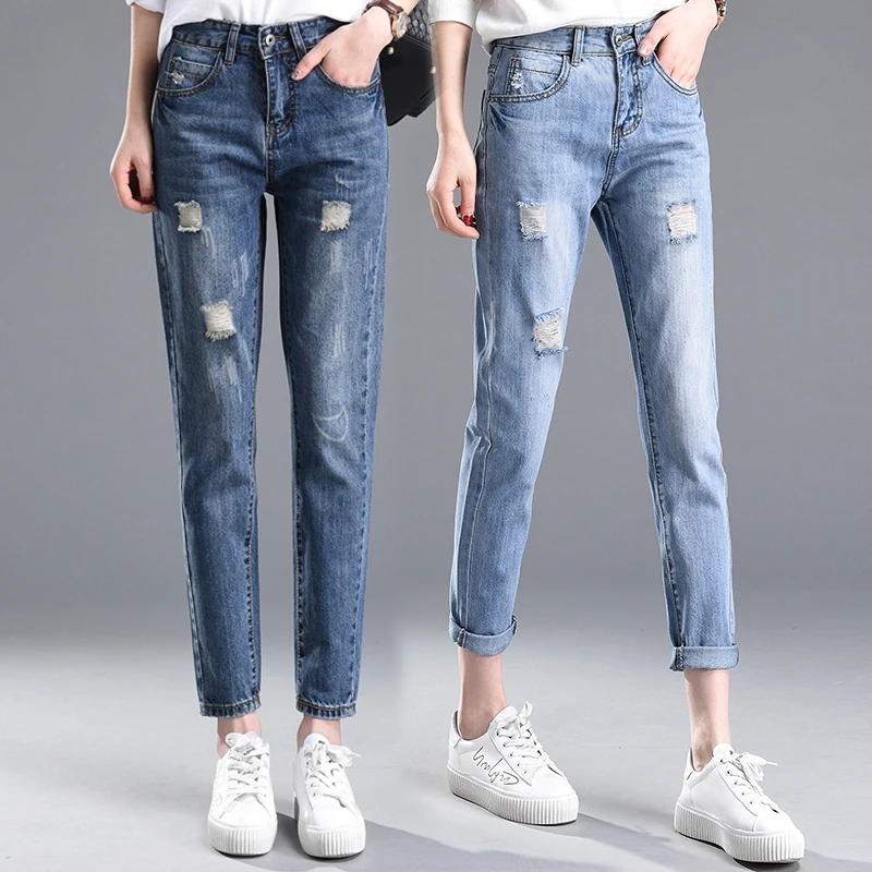 

Female fashion loose hole jeans nine minutes of pants harlan tall waist trousers han edition wide-legged pants