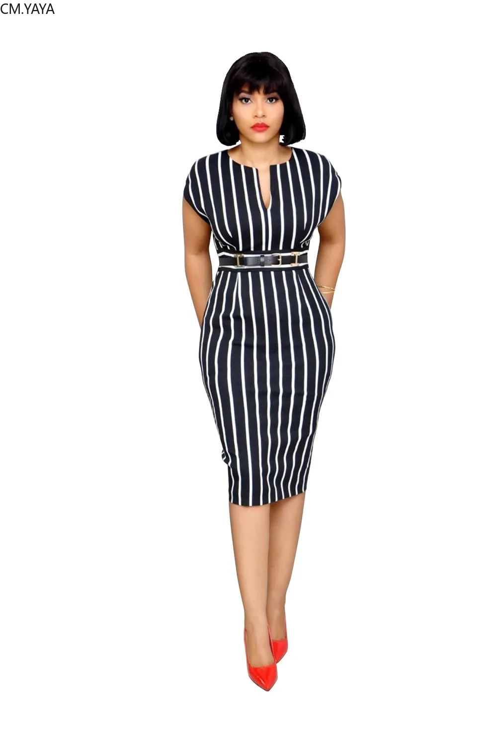

2019 new women autumn Short Sleeve Striped Print dress Office Lady Sexy Bandage Midi fashion casual dresses vestidos GLAM359