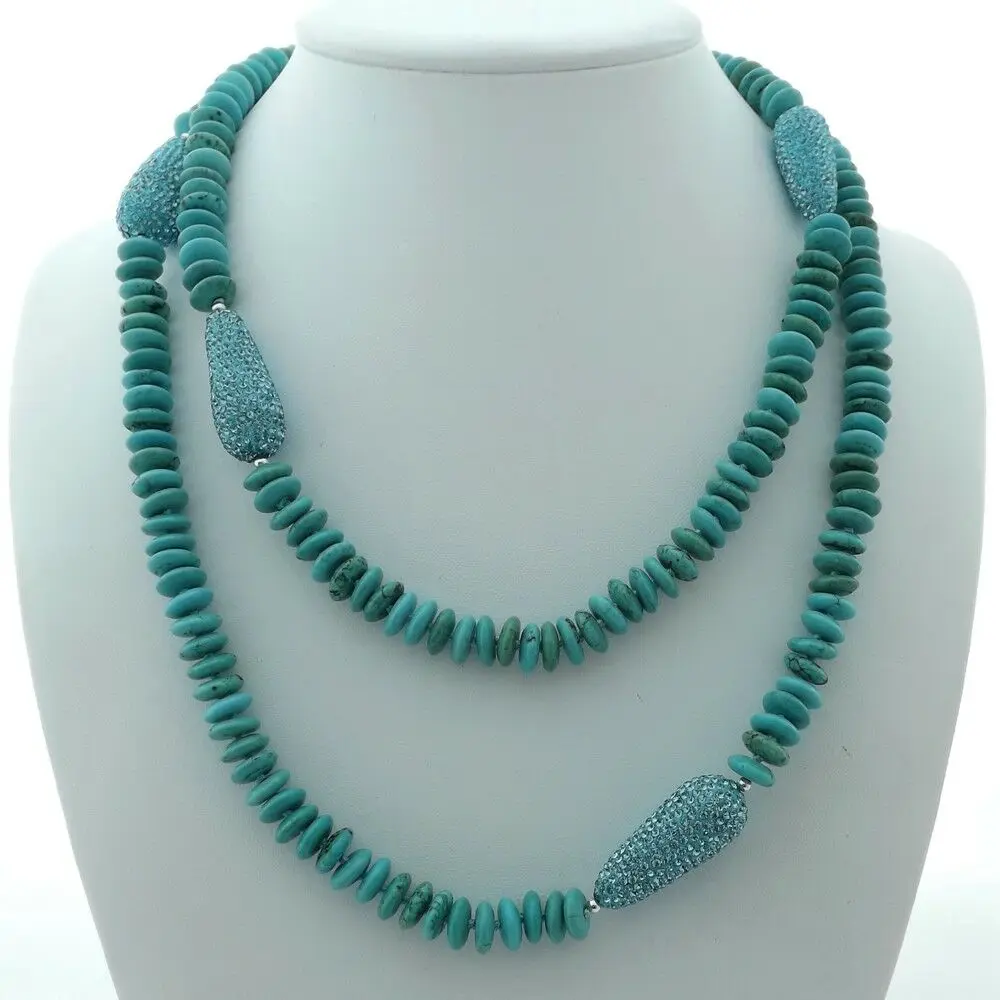 

45'' Blue T1urquoise CZ Teardrop Bead Long Necklace
