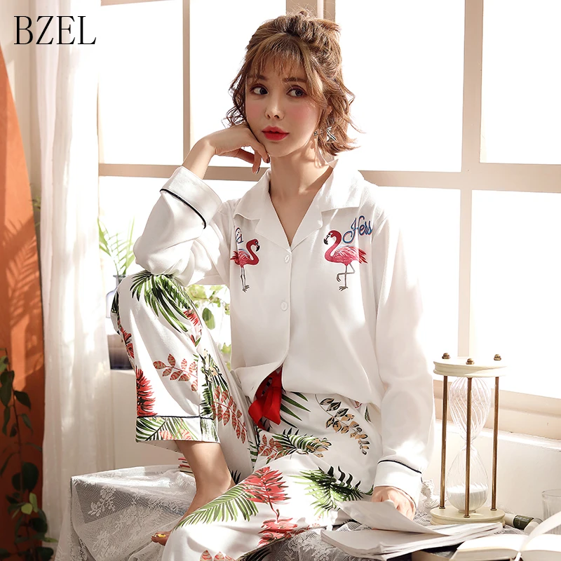 Женский пижамный комплект с длинным рукавом из 2 предметов мультяшным фламинго