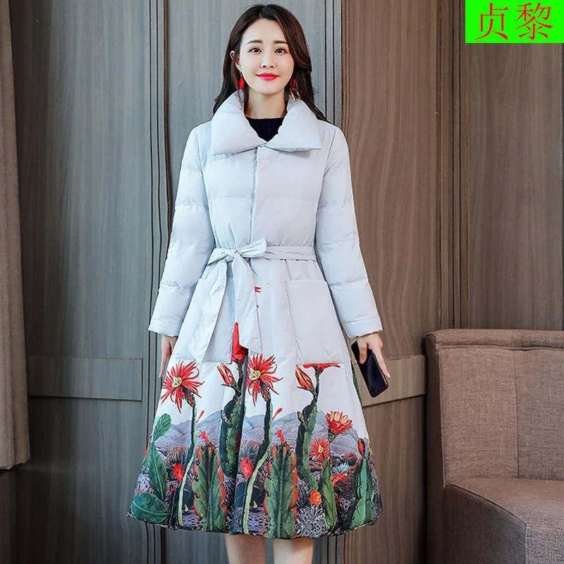 

2018 Winter New Style WOMEN'S Dress Korean-style Slim Fit Hem Cotton-padded Clothes Korean-style Mid-length Vintage Printed down