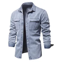 

Spring Autumn New Men's Casual Shirt Thin Denim Jacket Trendy Retro Coat European Size Lapel Bleached Denim Jackets Shirts