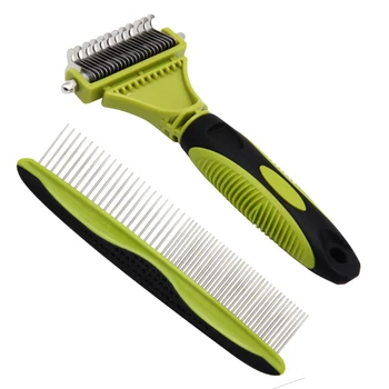 

Dematting Comb Grooming Tool Kit for Dog & Cat Double Sided Blade Rake Comb with Grooming Brush,Green,2 Pack.
