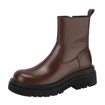 

Black brown Chelsea Boots Women Shoes Real Leather Platform High Heel Ankle Boots Thick Heels Short Boots Lady Autumn Winter