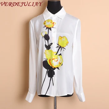 

VERDEJULIAY Fashion Runway White Silk Blouse 2020 Spring Summer Women's High Quality Yellow Rose Print Office Lady Shirt Top