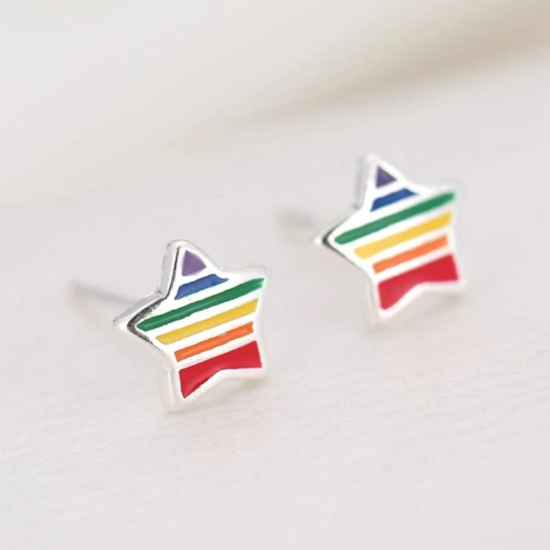 

100% 925 Sterling Silver Earring Fashion Tiny Rainbow Glaze Star Triangle Stud Earrings Gift for School Girls Kids