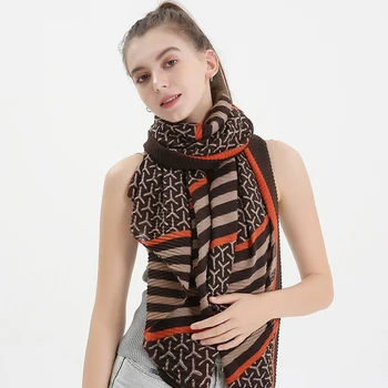 

F&U Korea Tr-cotton Corrugated shape Long Soft Scarf Elegant Color Wrap Luxury Shawl and Headband Fashion And Warm For Women