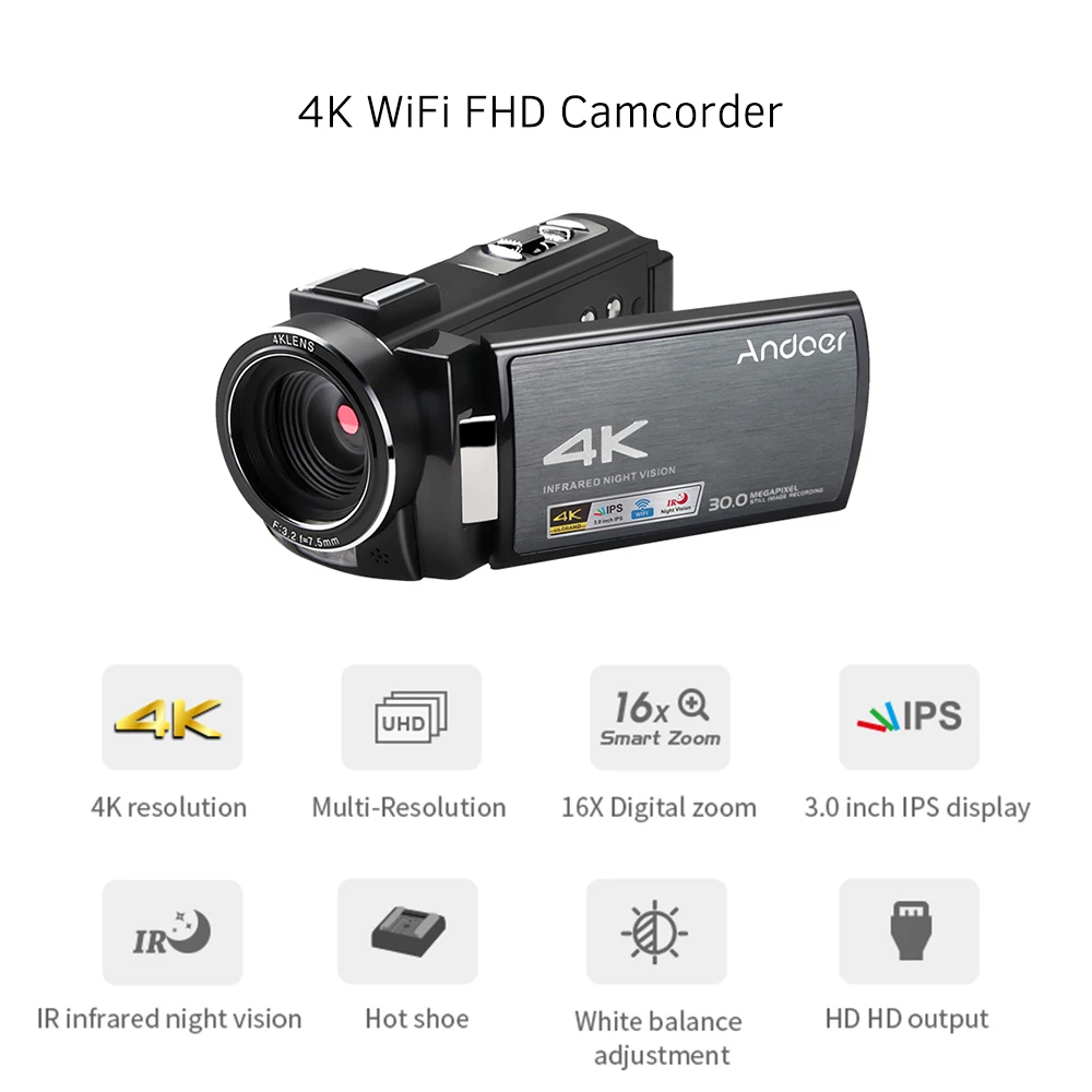 Andoer HDV-AE8 4K WiFi цифровая видеокамера DV рекордер 30MP 16X цифровой зум ИК ночного видения 3 дюйма ips lcd