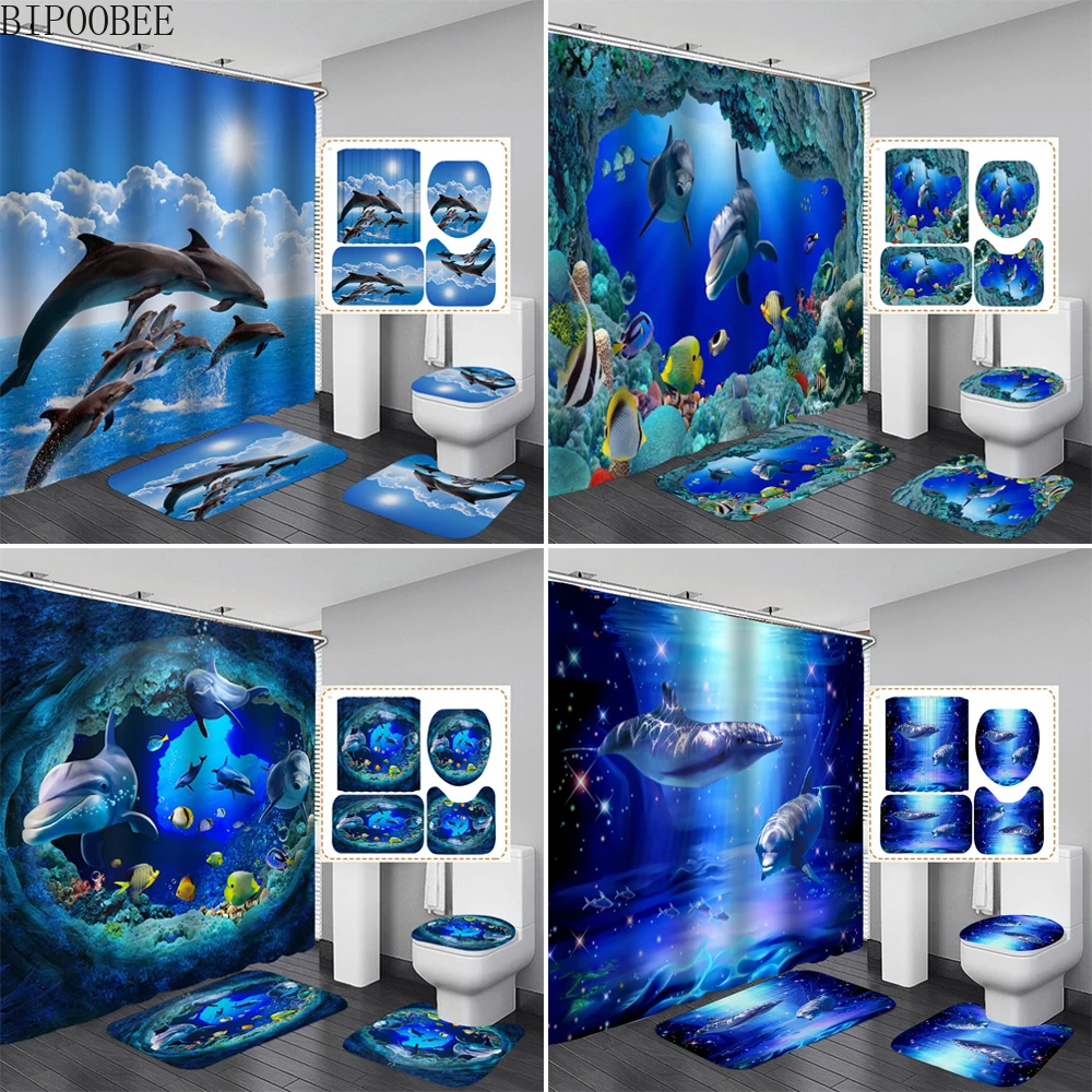 Bathroom Curtain Toilet-Lid-Cover Dolphin Fabric Ocean-Design Waterproof 3D Rugs Anti-Skid
