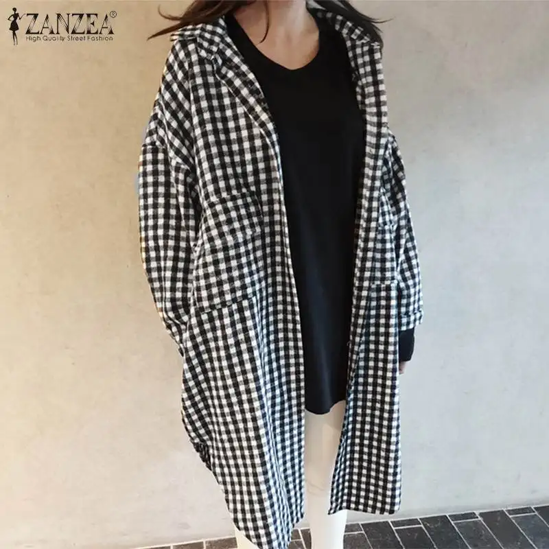 M 5XL, ZANZEA, Весенняя женская блузка, повседневная, в клетку, Длинные рубашки, Vestidos, Ретро стиль, длинный рукав, клетчатая туника, топы, женские блузки, сорочка