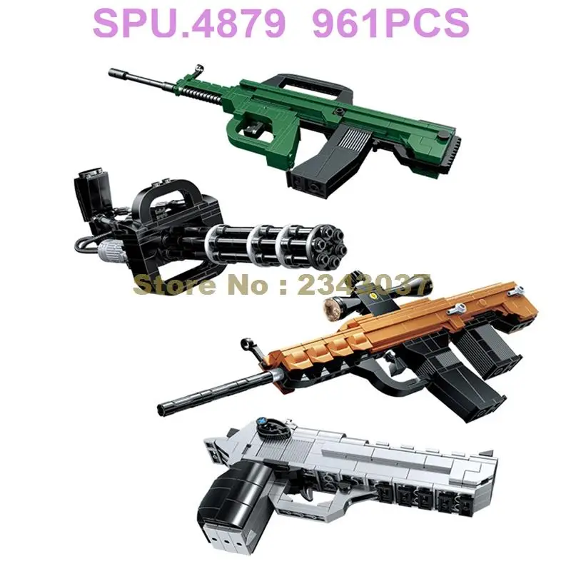 Ql1275 961pcs 4in1 Military Weapon Gun P85 Pistol Handgun Qcw 05 Submachine G3 Gatling Sniper Rifle Building Blocks Toy | Игрушки и
