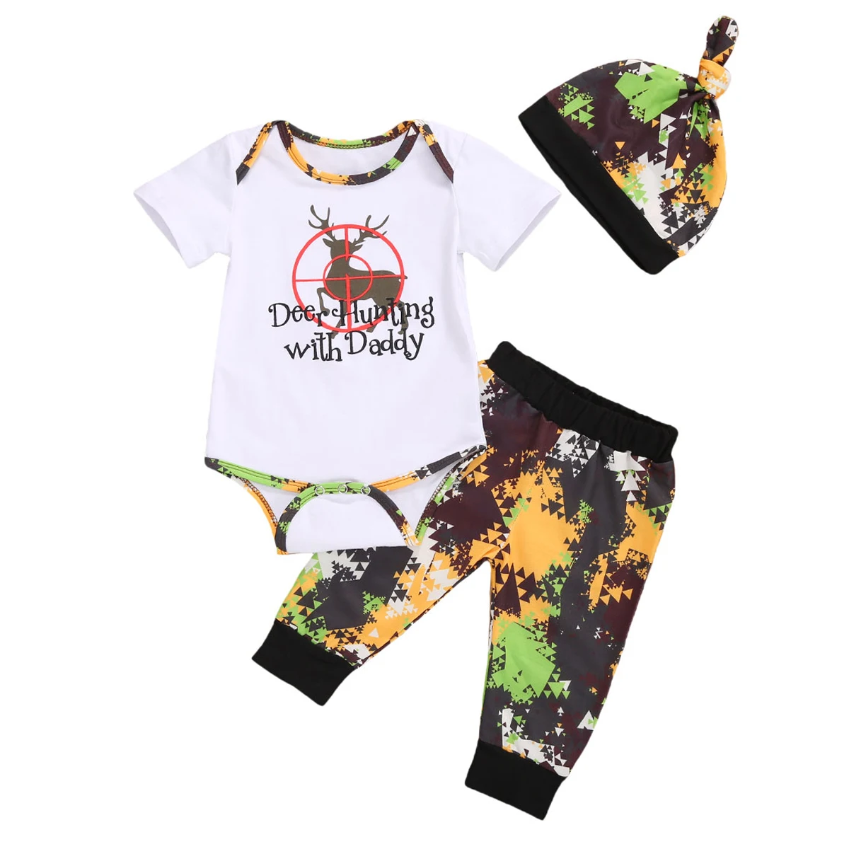

Newborn Baby Boys Romper Pants Suit Long Short Sleeve Jungle Words Printed Jumpsuit Clothes Colorful Pants with Hat 3 Pieces