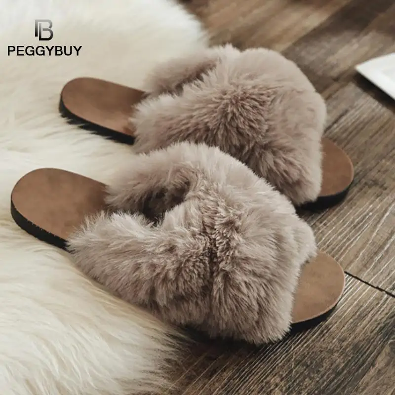 

Winter Women Home Slippers with Faux Fur Fashion Warm Shoes Woman Slip on Flats Warm Outdoor Home Flat Shoes Dropshipping
