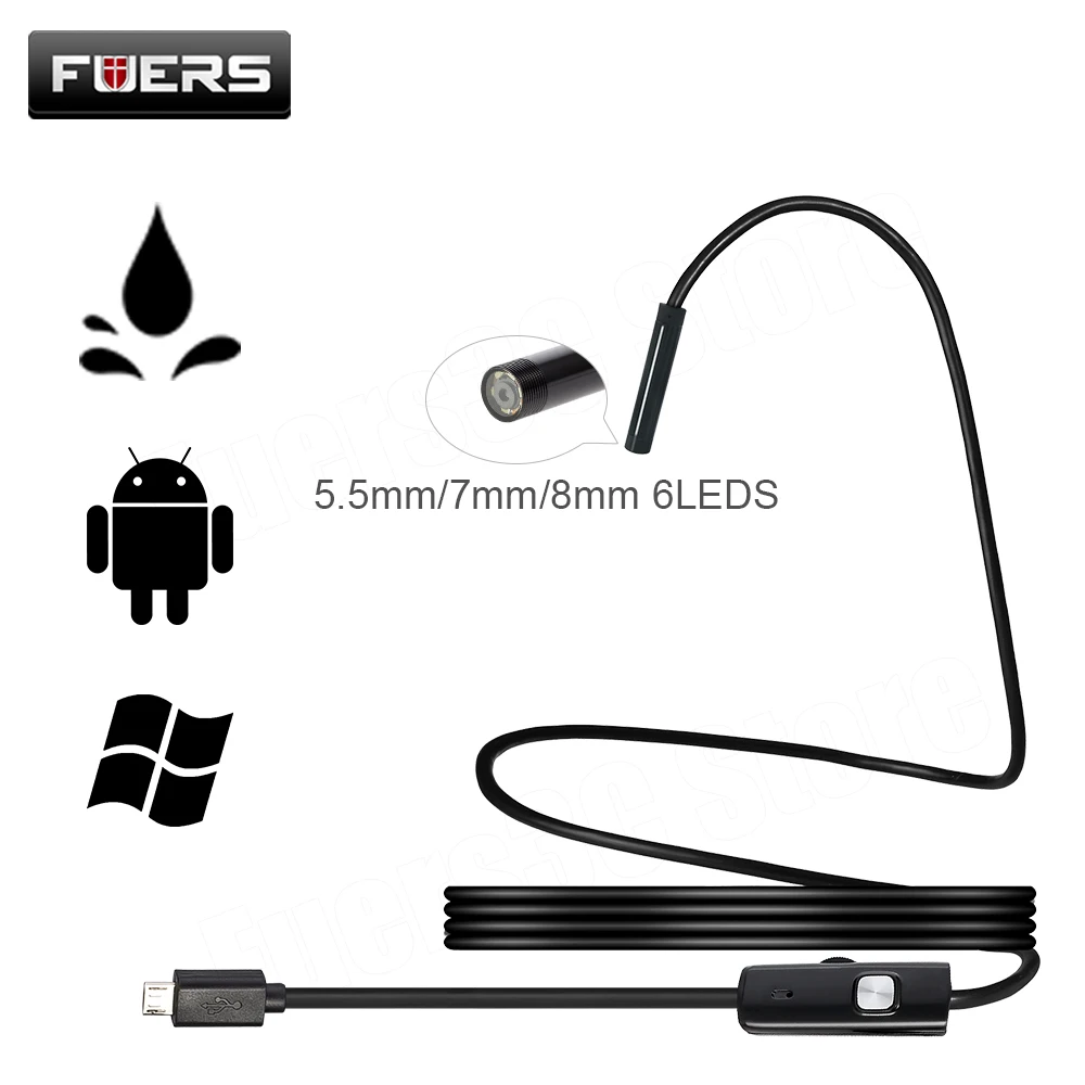 FUERS USB Snake Инспекционная камера IP67 водонепроницаемая эндоскоп с 6 светодиодами для