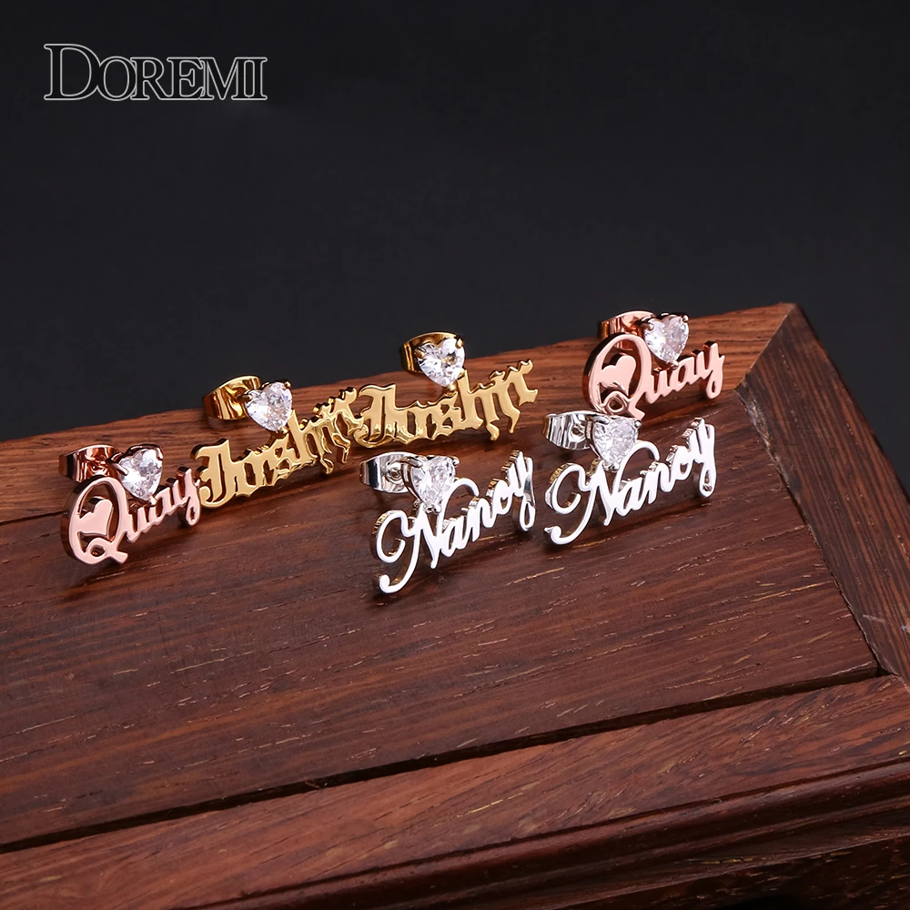 DOREMI 3A Heart Zircon Name Earring Personalized Custom Name Earrings Women Customize Initial Cursive Nameplate Stud Earring personalized name bookmark custom heart page corner bookmark leather book mark for readers anniversary gift wedding gift for her