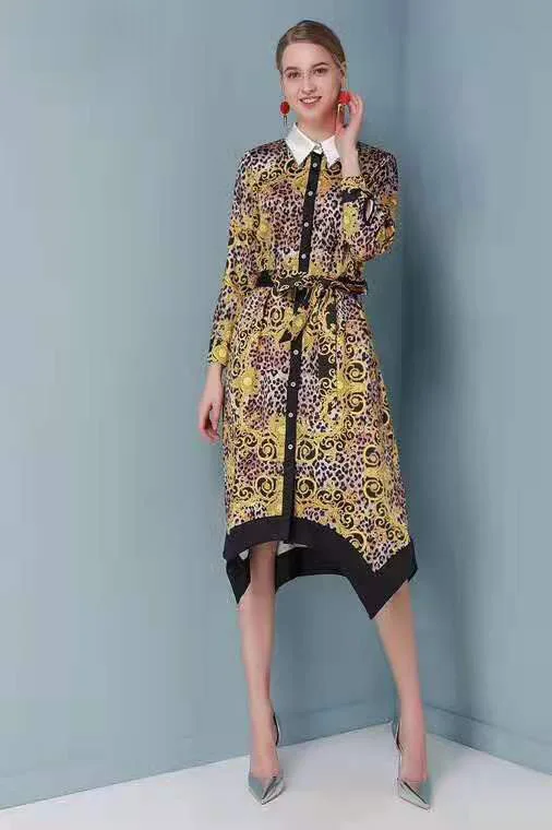 Spring and summer new classic leopard print dress, loose version design, big shots, full of aura, belts, beads