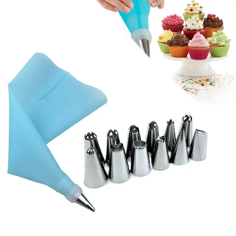 

14 PCS/Set Silicone Icing Piping Cream Pastry Bag + 12 PC Stainless Steel Nozzle Pastry Tips Converter DIY Cake Decorating Tools