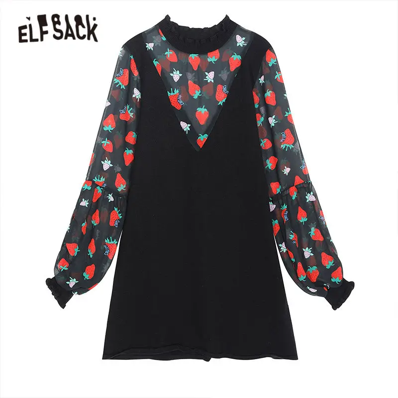 ELFSACK US & DE FBA Local Deliery Black Strawberry Print 2020 Autumn Sweet Frill Sleeve Ladies Basic Fake Two Pieces Dresses