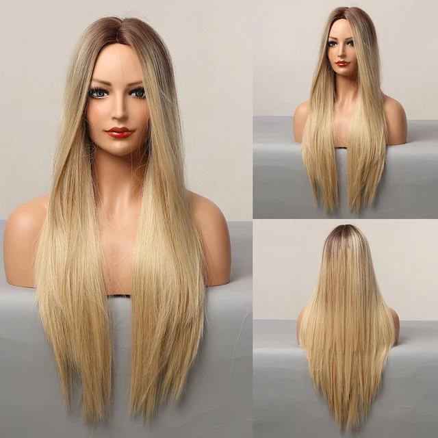 Long Straight Brown Ombre Natural Hair Wigs Middle Part Heat Resistant Synthetic Wigs for Afro Women Daily Cosplay Fashion Wigs lc5106-1