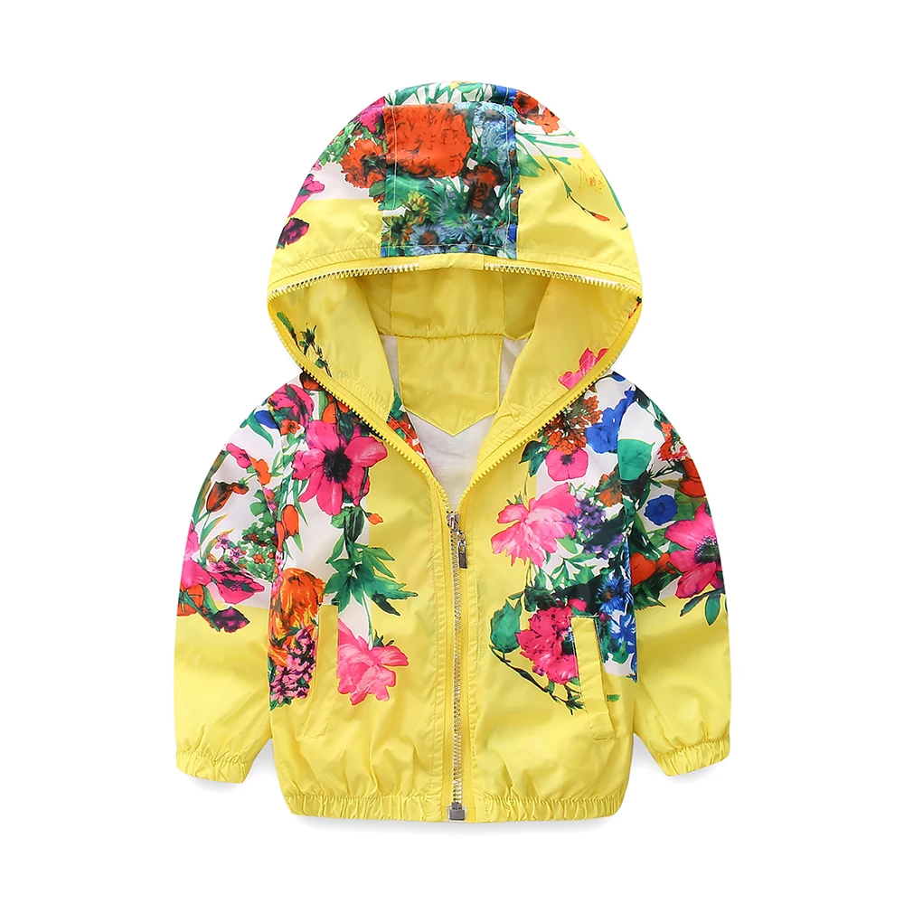 Куртка детская демисезонная на молнии с капюшоном и цветочным принтом|jackets for