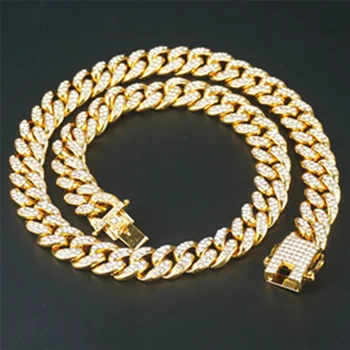 

Bling Rhinestone Golden Finish Miami Cuban Link Chain Necklace Men's Hip Hop Necklace Jewelry 45cm 50cm 60cm 75cm