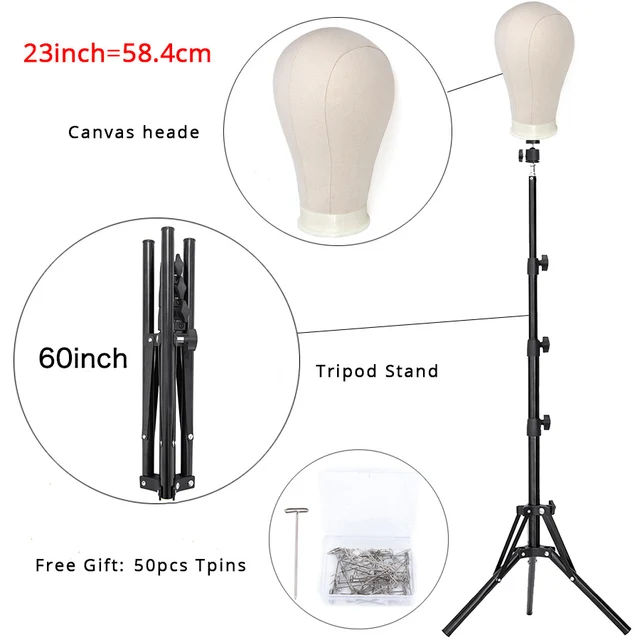 Alileader New 152Cm/64Cm Wig Stand Wig Tripod With Mannequin Canvas Block Head Adjustable Tripod Stand Wig Making kit TPins Gift 23in head 152cm stan