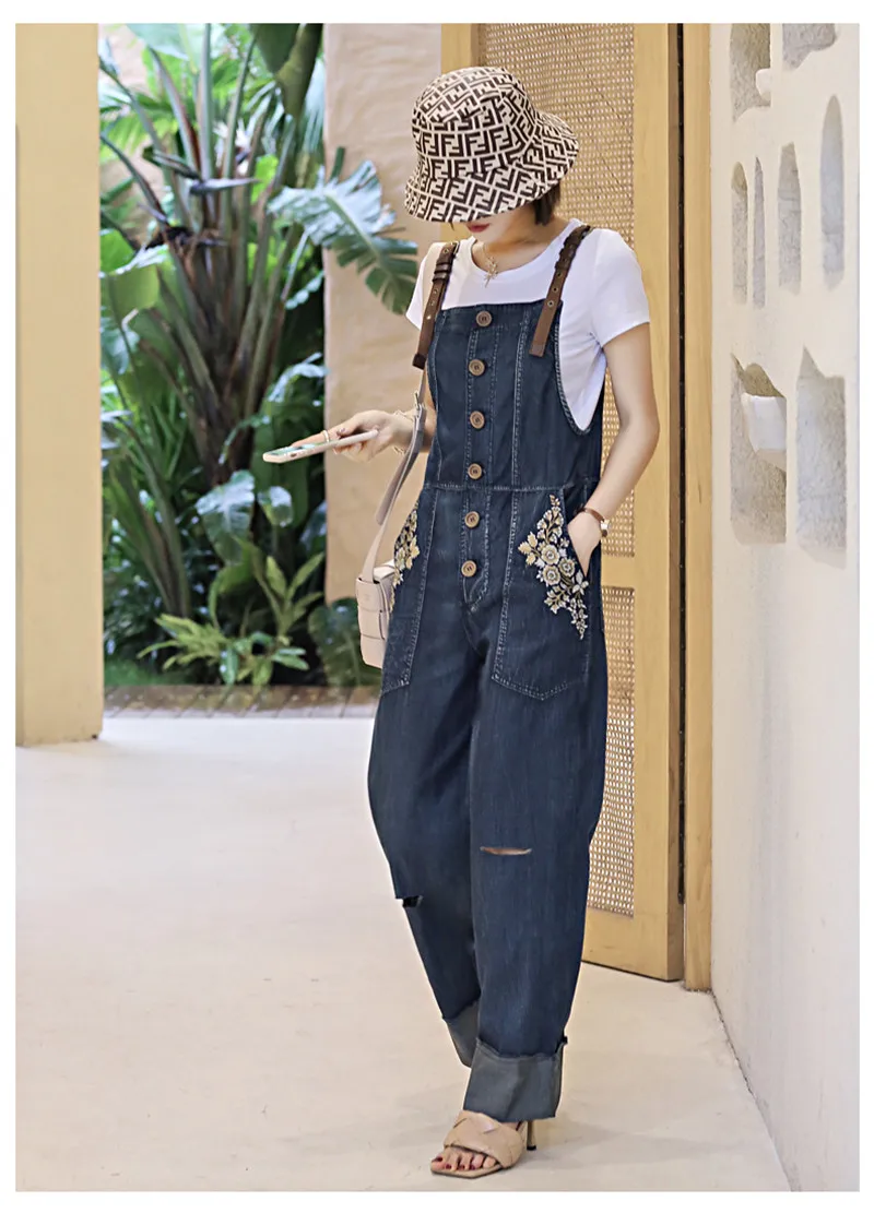 Summer Women Denim Jumpsuit 2020 Vintage Single Breasted Bodysuit Adjustable Shoulder Flower Embroidery Pockets Jumpsuits (4)