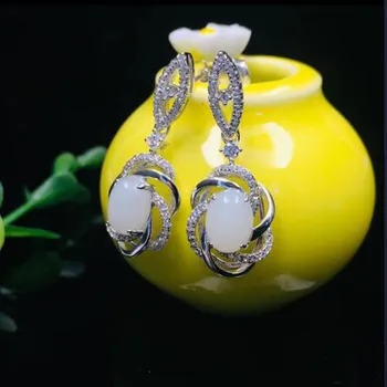 

Beautiful S925 Pure Natural Hetian White Jade Hollow Design Inlaid Zircon Lady High-end Earrings For Women Jewelry
