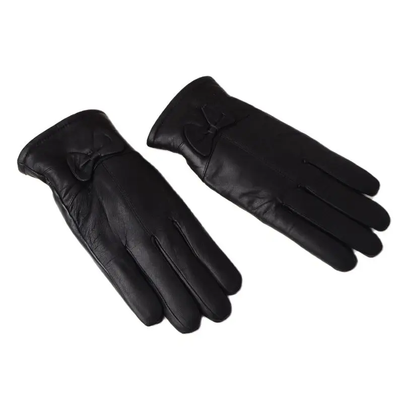 

864564 Fashion Mittens Women Winter Sheepskin Plus Velvet Padded Warm Short Driving Cycling Finger Leather Gloves